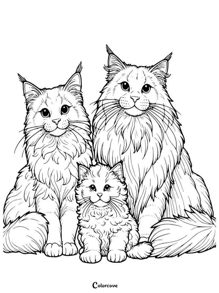 A printable Maine Coon coloring page featuring two adult cats and one kitten sitting together.