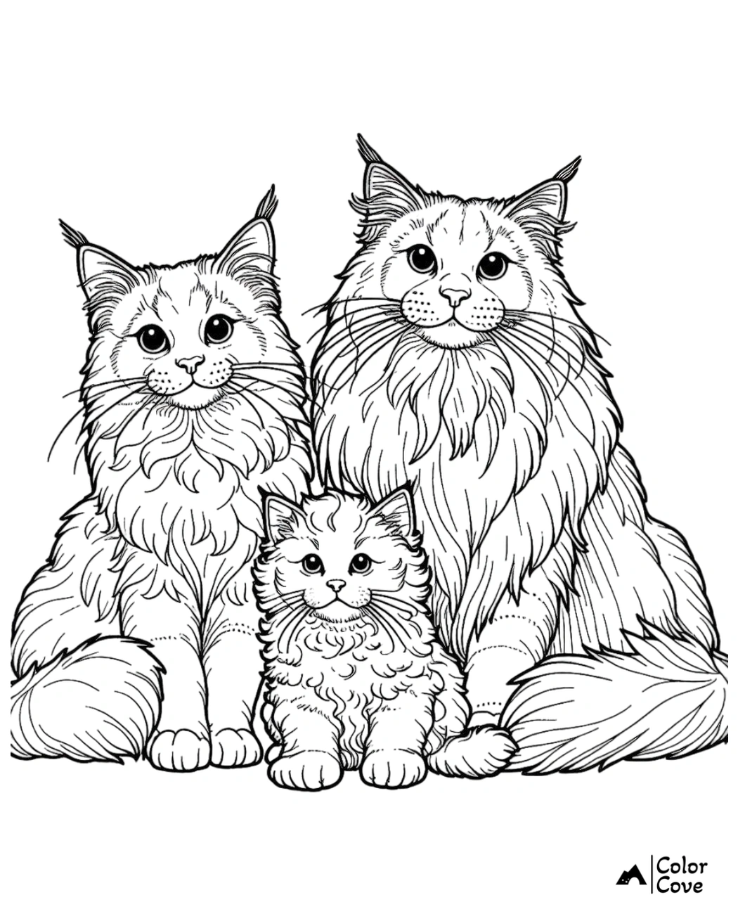 Three adorable cats coloring page. Family of cats with detailed fur, perfect for kids and adults to color.