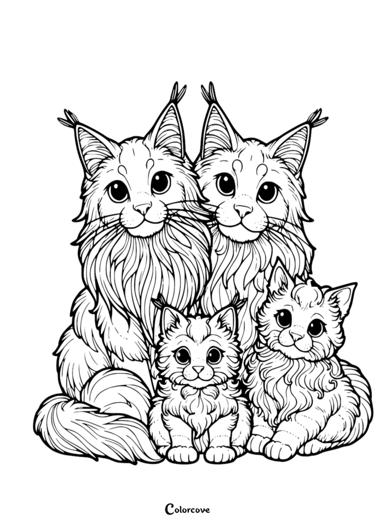 A printable Maine Coon coloring page featuring two adult cats and two kittens sitting together.