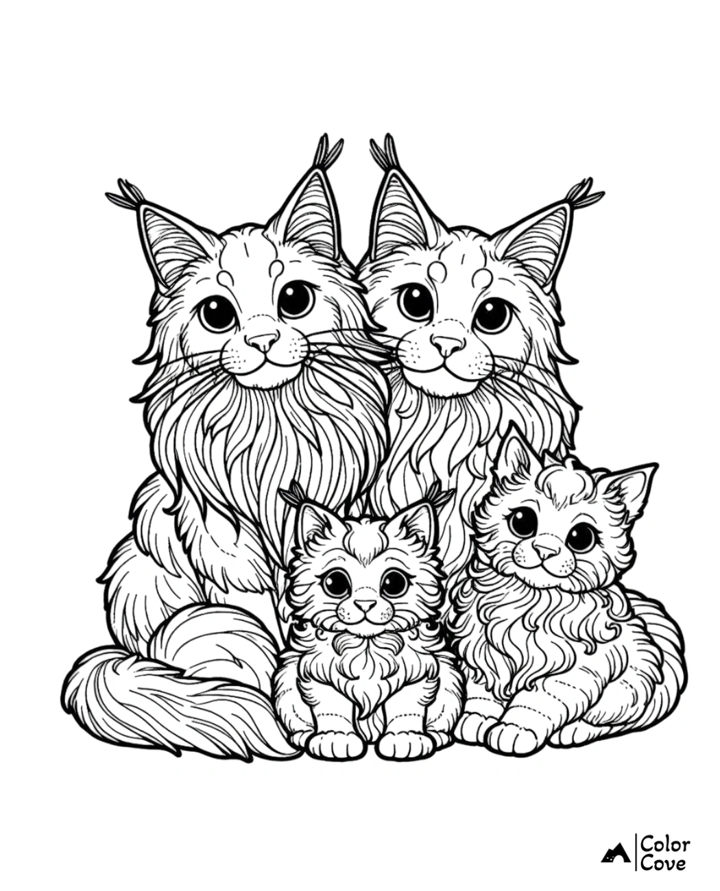 Adorable cat family coloring page featuring two adult cats and two kittens with intricate details and fluffy fur.