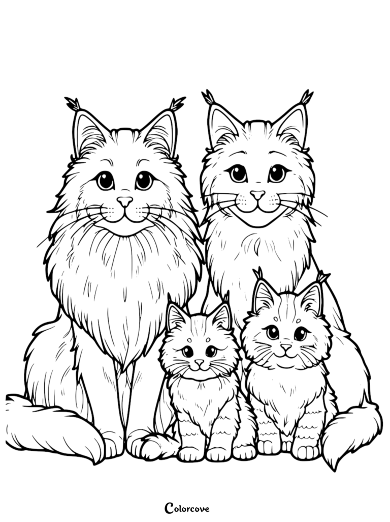 A printable Maine Coon coloring page featuring two adult cats sitting behind two small kittens with tufted ears.