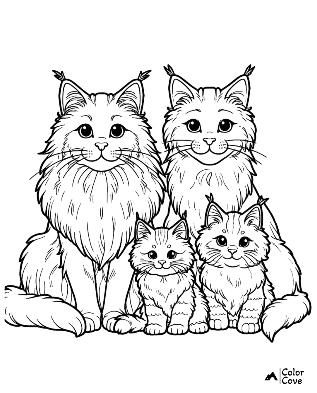 Cute family of four fluffy Maine Coon cats coloring page from Color Cove, ideal for kids and adults.