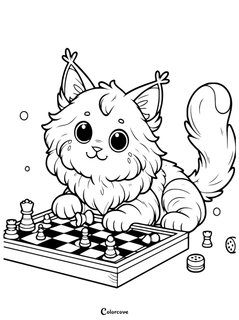 A cute Maine Coon kitten with tufted ears playing a game of chess on a board, printable coloring page.