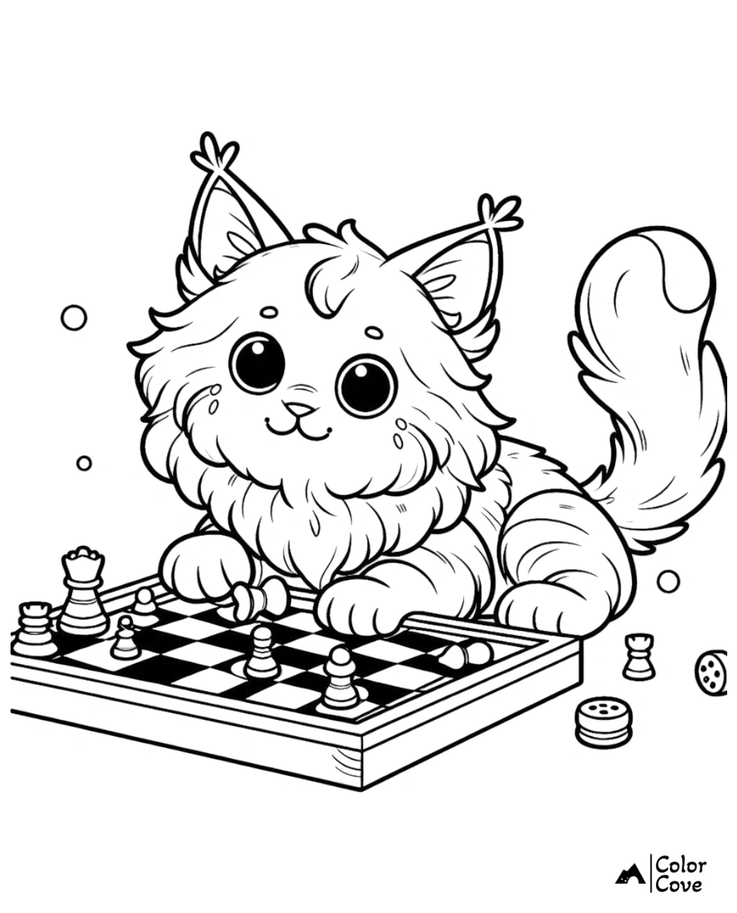 Cute cat playing chess coloring page for kids to enjoy and to enhance creativity. Perfect for animal and board game lovers.