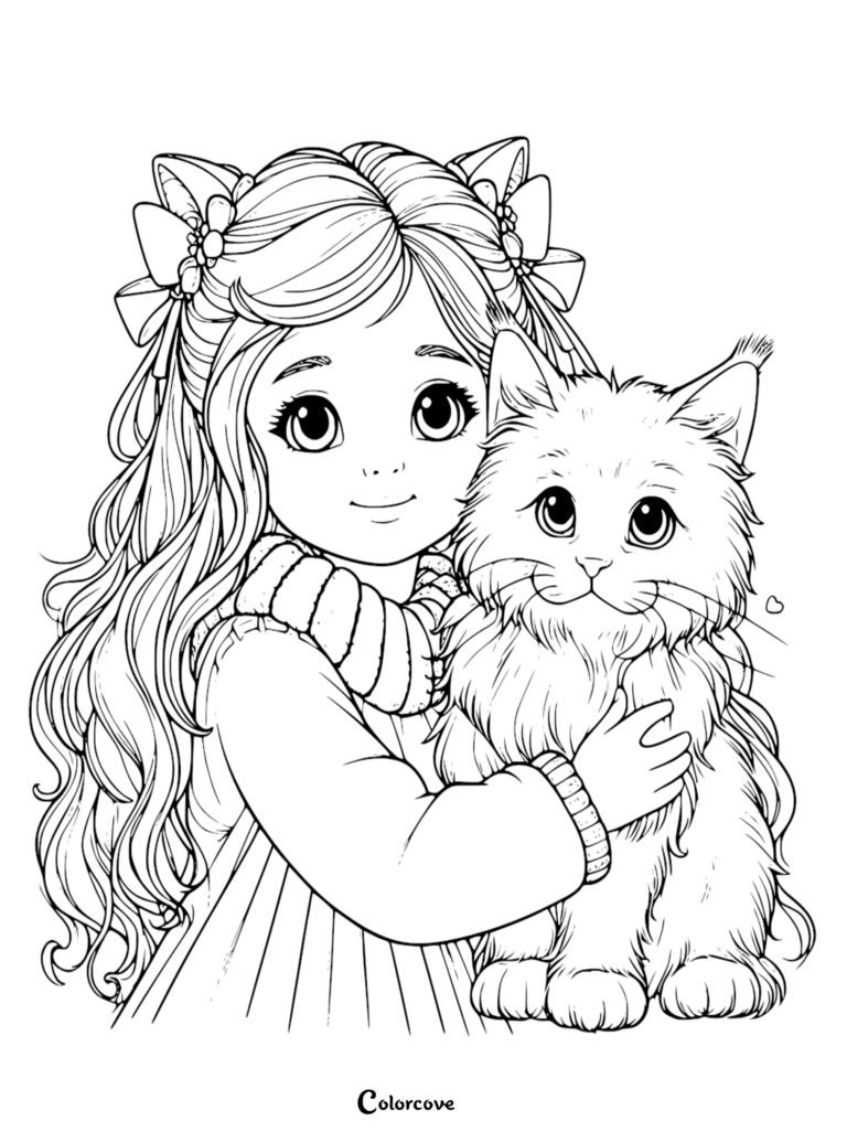 A young girl with long wavy hair and cat ear headbands hugging a fluffy Maine Coon kitten in this printable coloring page.