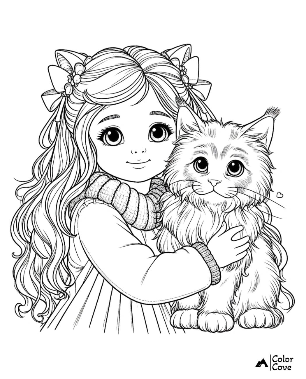 Cute girl with long hair hugging a fluffy cat, both wearing bows. Printable coloring page for kids featuring a cat and girl.