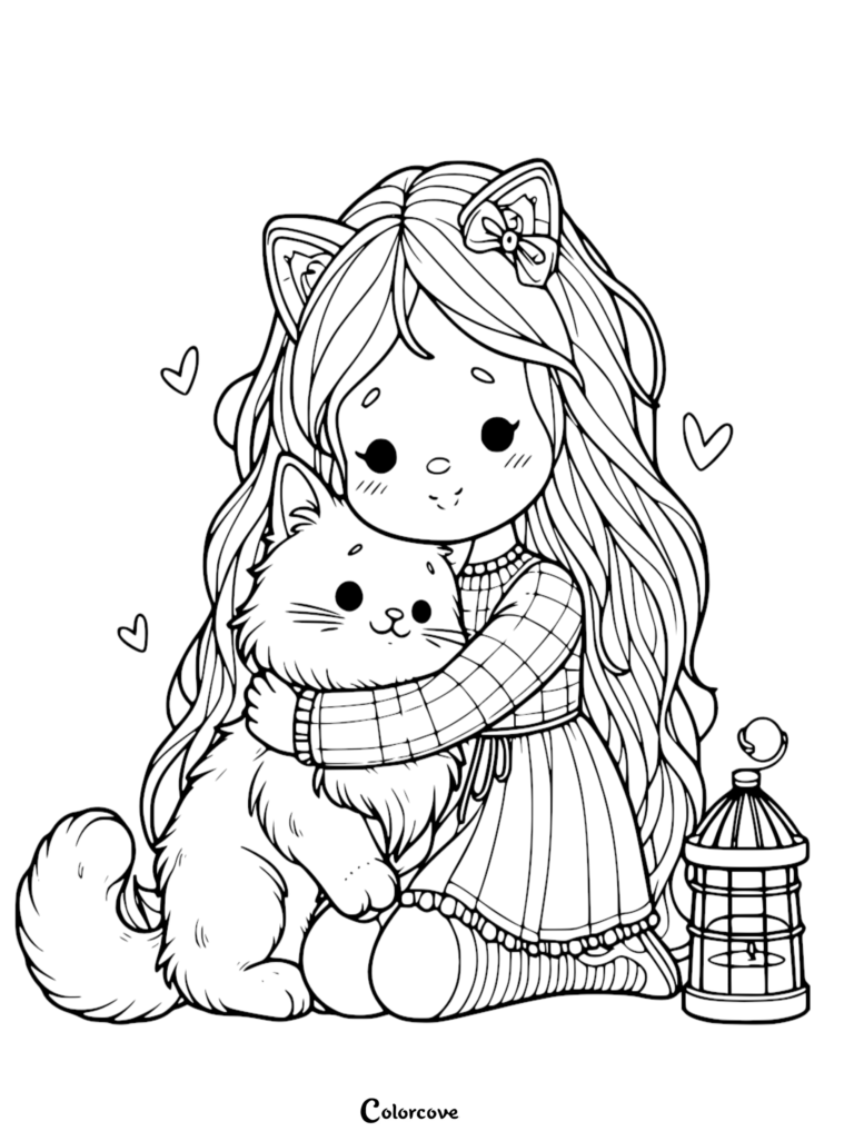 A cute girl with cat ears hugging a fluffy Maine Coon cat in this free printable coloring page featuring hearts and a lantern.