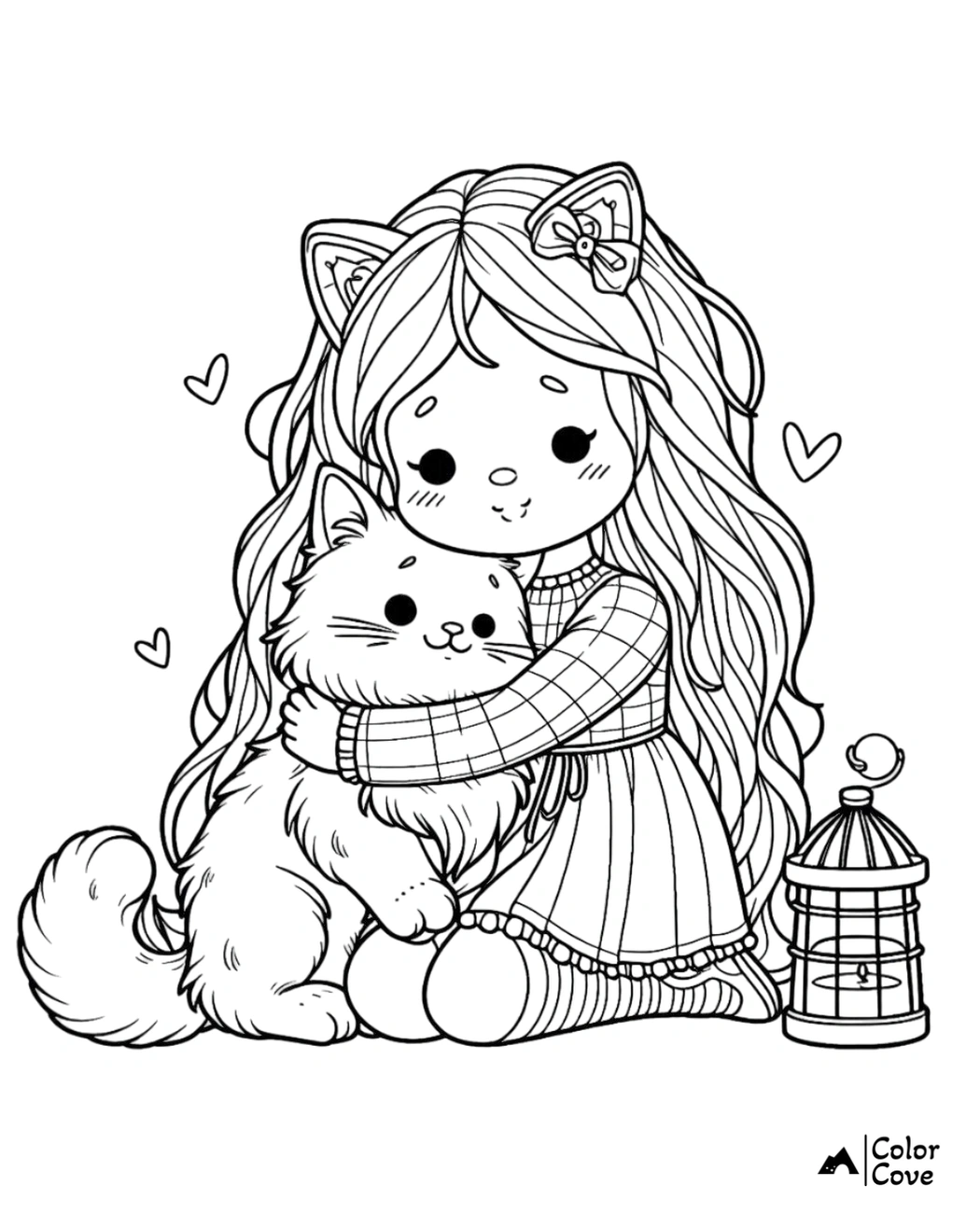 A cute girl with cat ears hugging a fluffy kitten, surrounded by hearts, from Color Cove's coloring page collection.