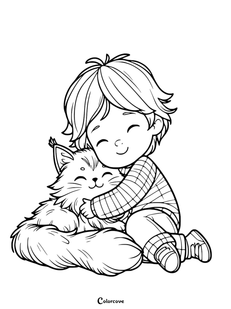 A young boy hugging a fluffy Maine Coon cat in this free printable coloring page.