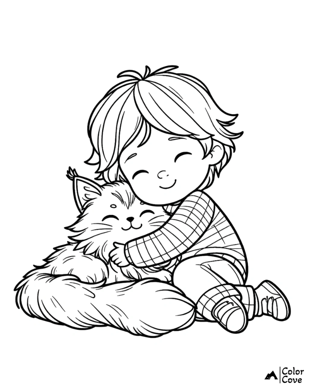 Cute coloring page featuring a happy child hugging a fluffy cat. Perfect for kids and animal lovers.