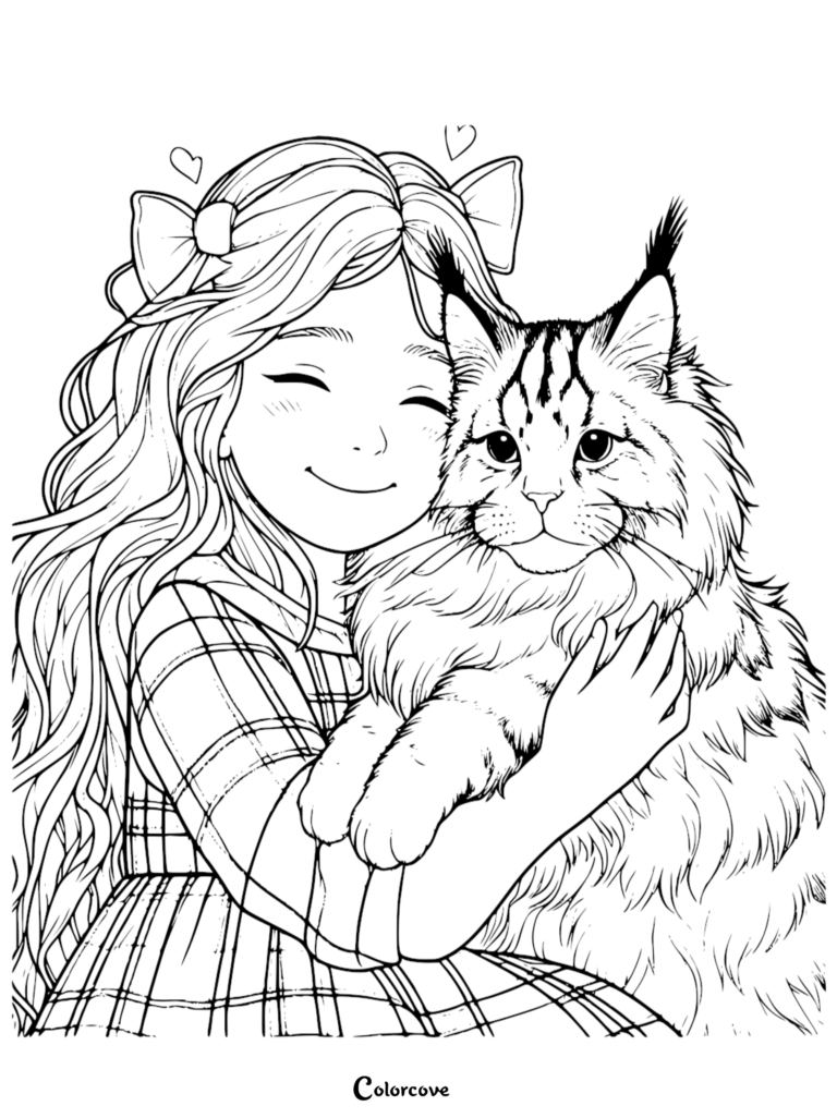 A young girl with long hair and a bow hugging a fluffy Maine Coon cat in this printable coloring page.