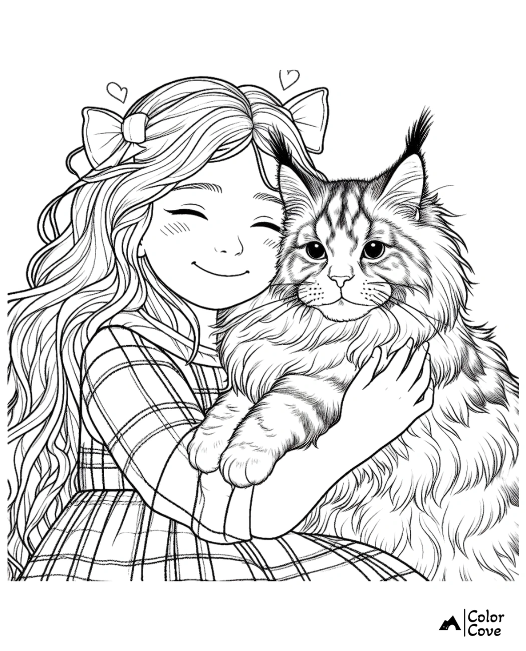 Coloring page of a smiling girl with bows hugging a fluffy cat, both with hearts overhead and intricate line details.