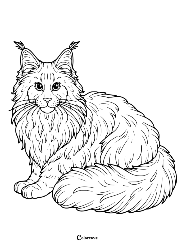 A detailed Maine Coon coloring page featuring a fluffy cat with tufted ears sitting in a calm pose.