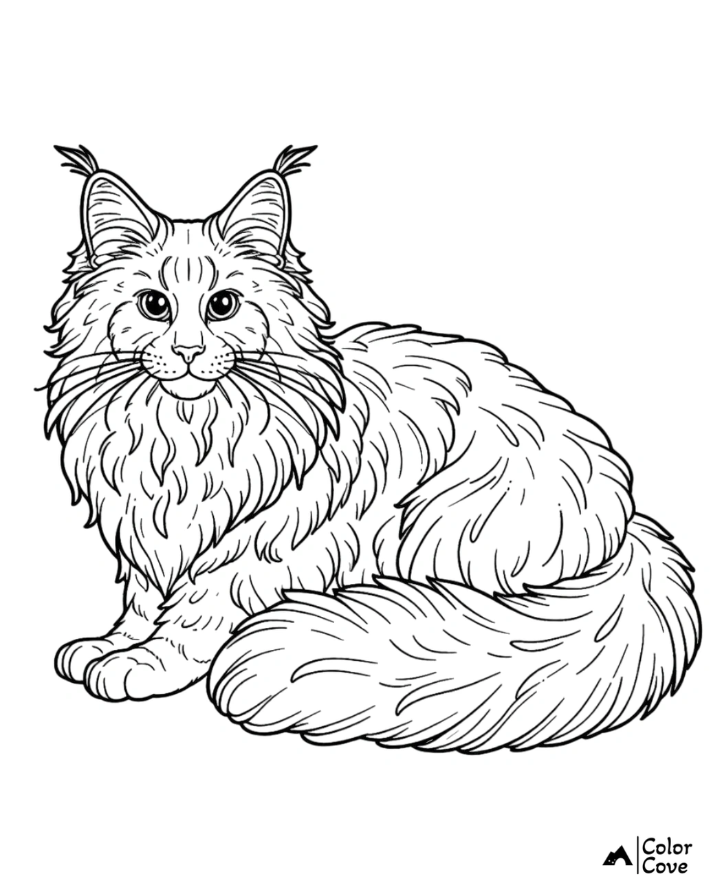 Maine Coon cat coloring page featuring a detailed drawing of a fluffy, long-haired cat sitting down.