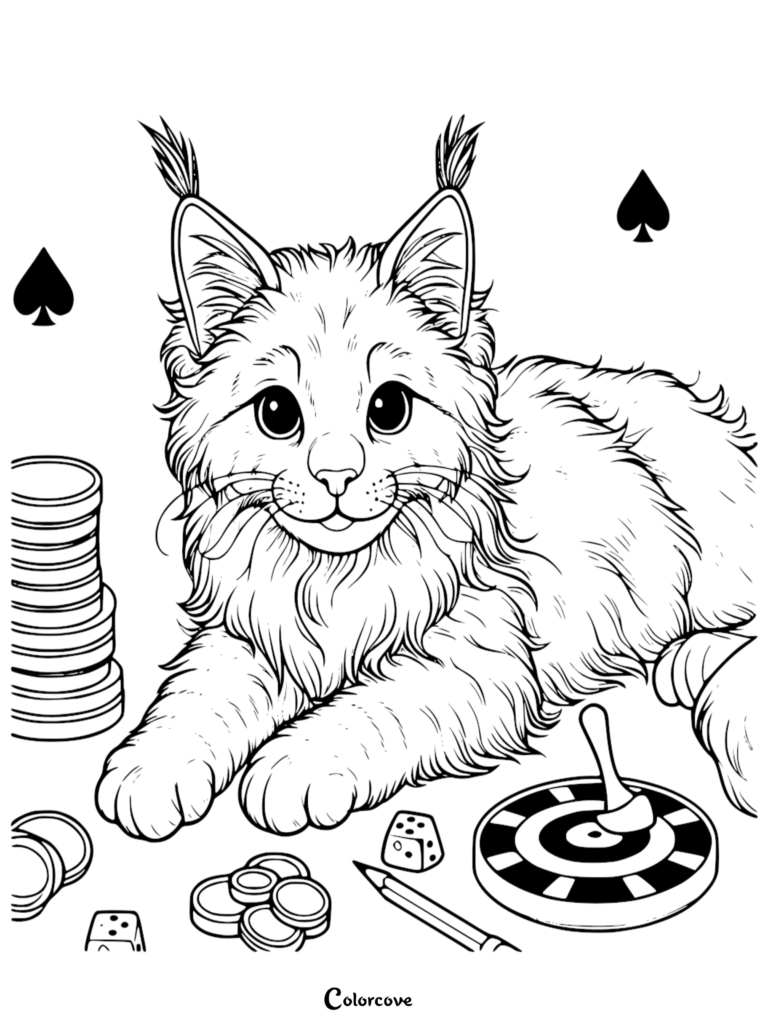 A Maine Coon cat sitting with poker chips, dice, and spade symbols in this printable coloring page.