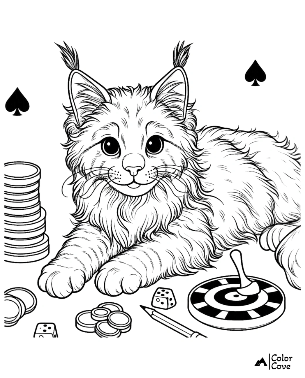 Cute cat surrounded by poker chips and game elements in a detailed coloring page for kids and adults by Color Cove.