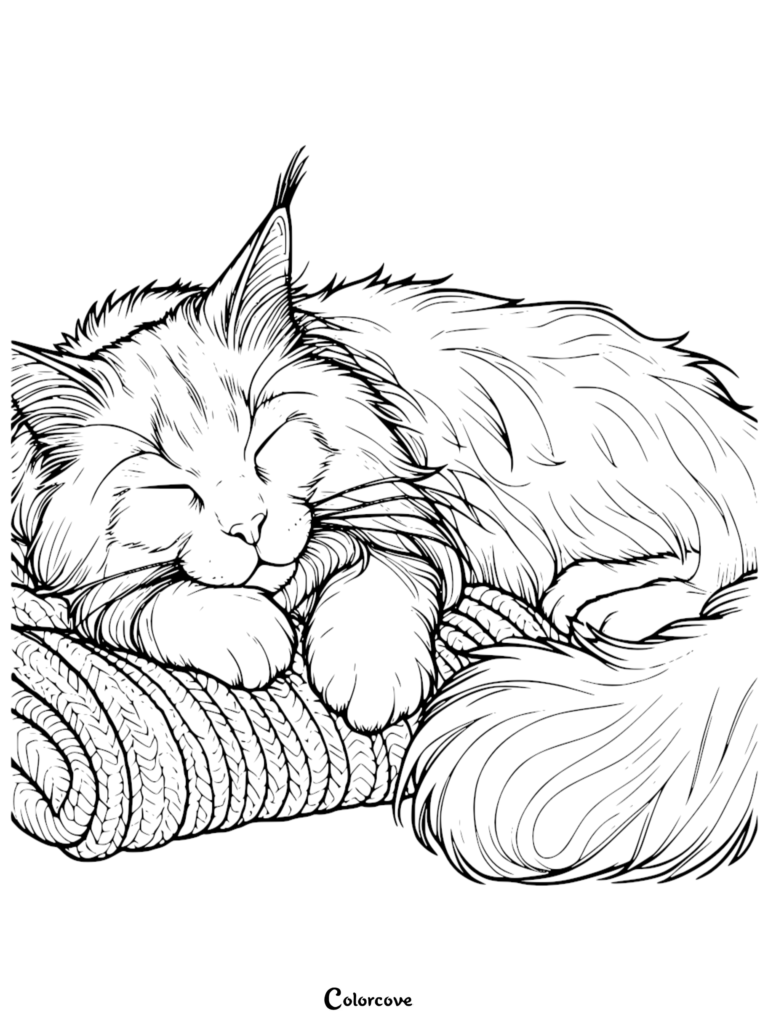 A detailed Maine Coon coloring page featuring a fluffy cat with tufted ears sleeping peacefully on a thick knitted blanket.