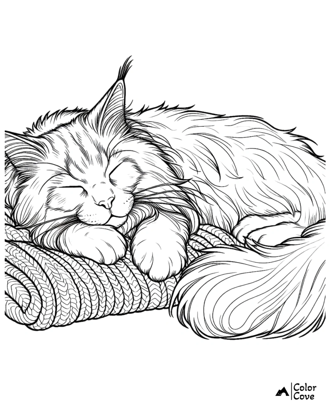 Coloring page of a fluffy cat sleeping peacefully on a knitted blanket, perfect for relaxation and creativity.