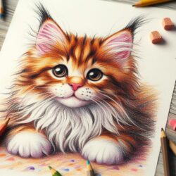 Coloring page of a fluffy kitten surrounded by colored pencils and art supplies on a wooden table.