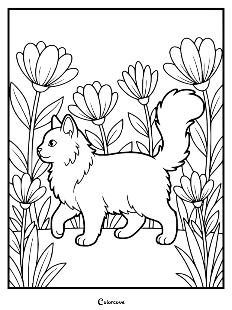 A Maine Coon cat walking through a garden of tall flowers in this printable coloring page.
