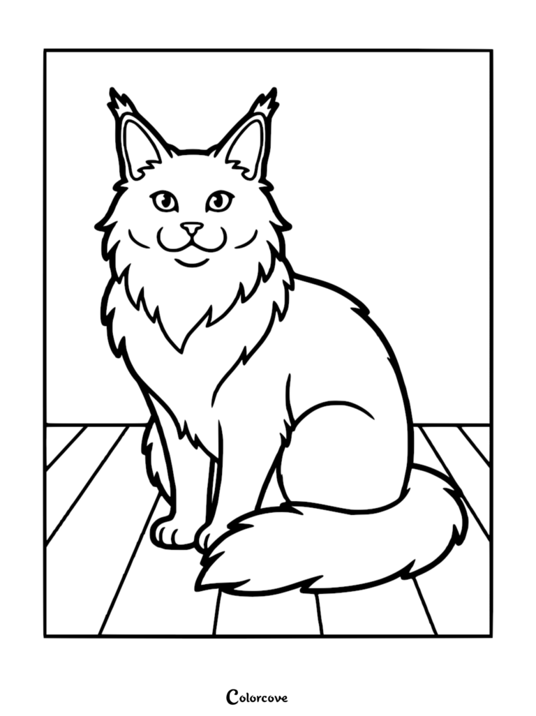 A printable Maine Coon coloring page featuring a fluffy cat with tufted ears sitting on a wooden floor.