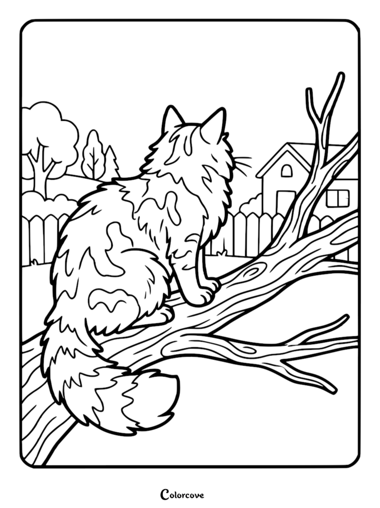A fluffy Maine Coon cat sitting on a tree branch in a backyard, featured in a printable coloring page.