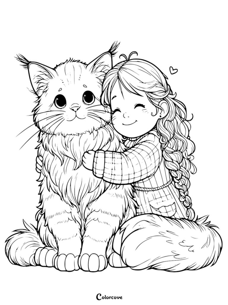 A young girl with braided hair hugging a fluffy Maine Coon cat in this free printable coloring page.