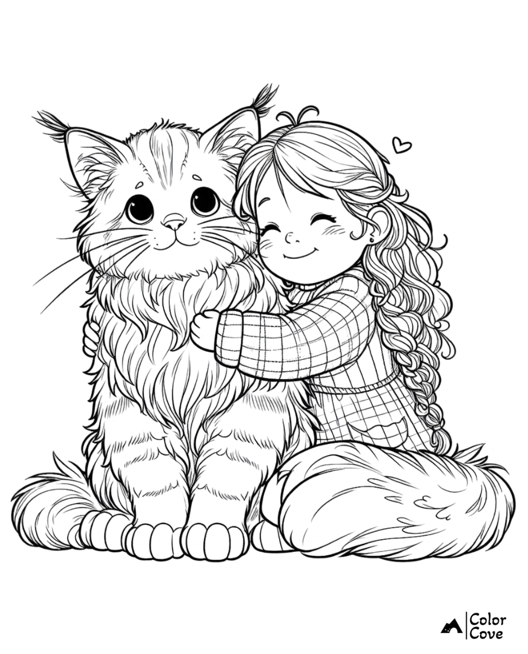 Cute coloring page of a girl hugging a large fluffy cat, both smiling happily, with a small heart symbol above.