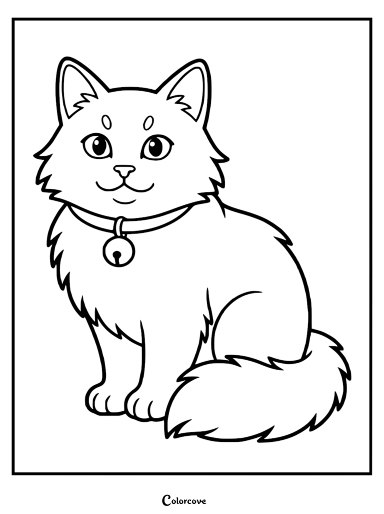 A printable Maine Coon coloring page featuring a fluffy cat wearing a collar with a bell.