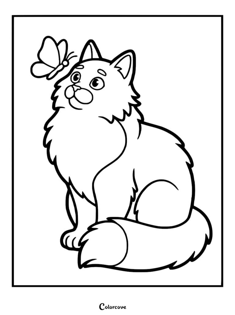 A fluffy Maine Coon cat looking up at a butterfly in this free printable coloring page.