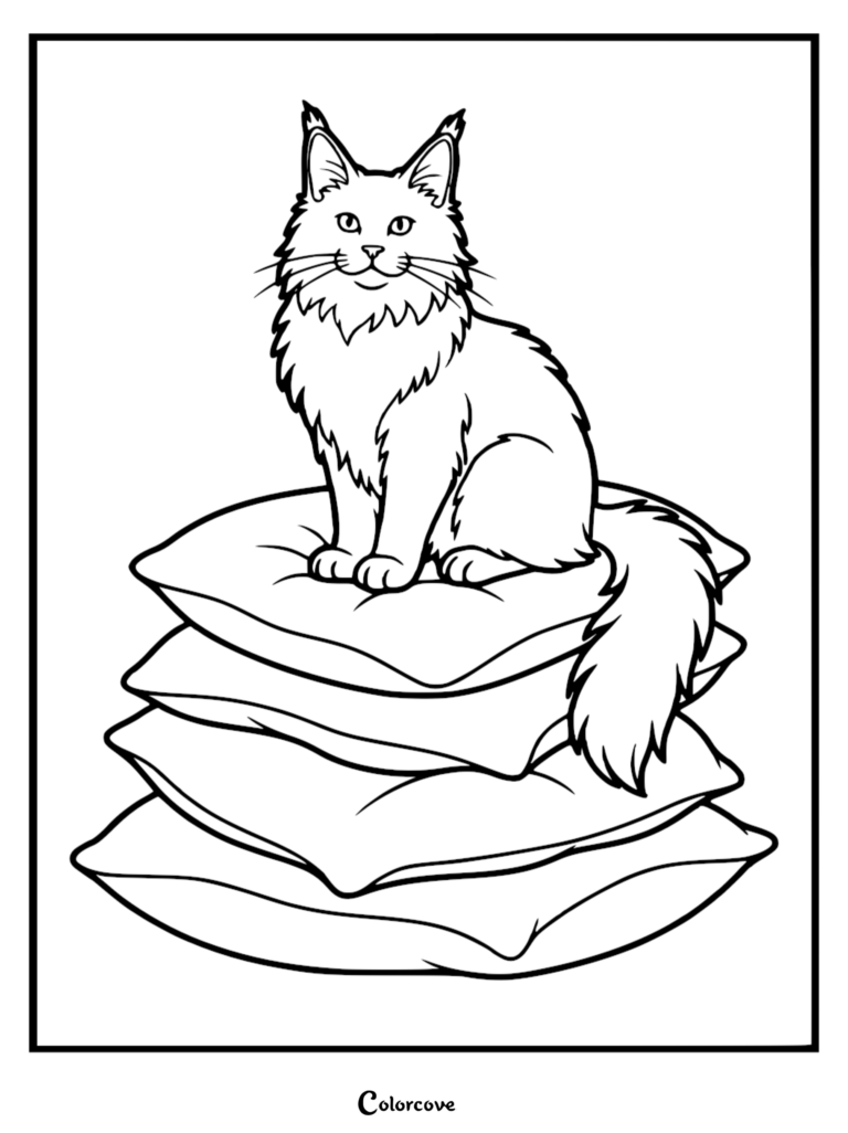 A fluffy Maine Coon cat sitting on a stack of three pillows in this printable coloring page.