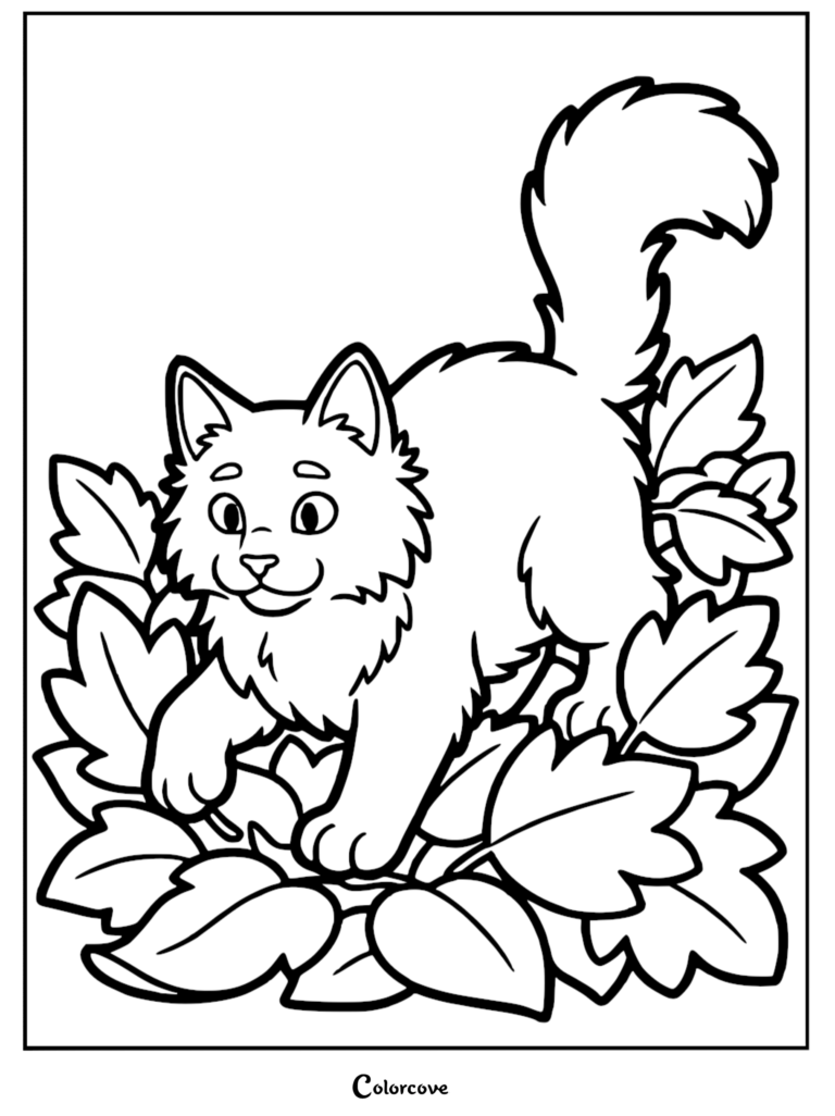 A fluffy Maine Coon cat walking through a pile of autumn leaves in this free printable coloring page.