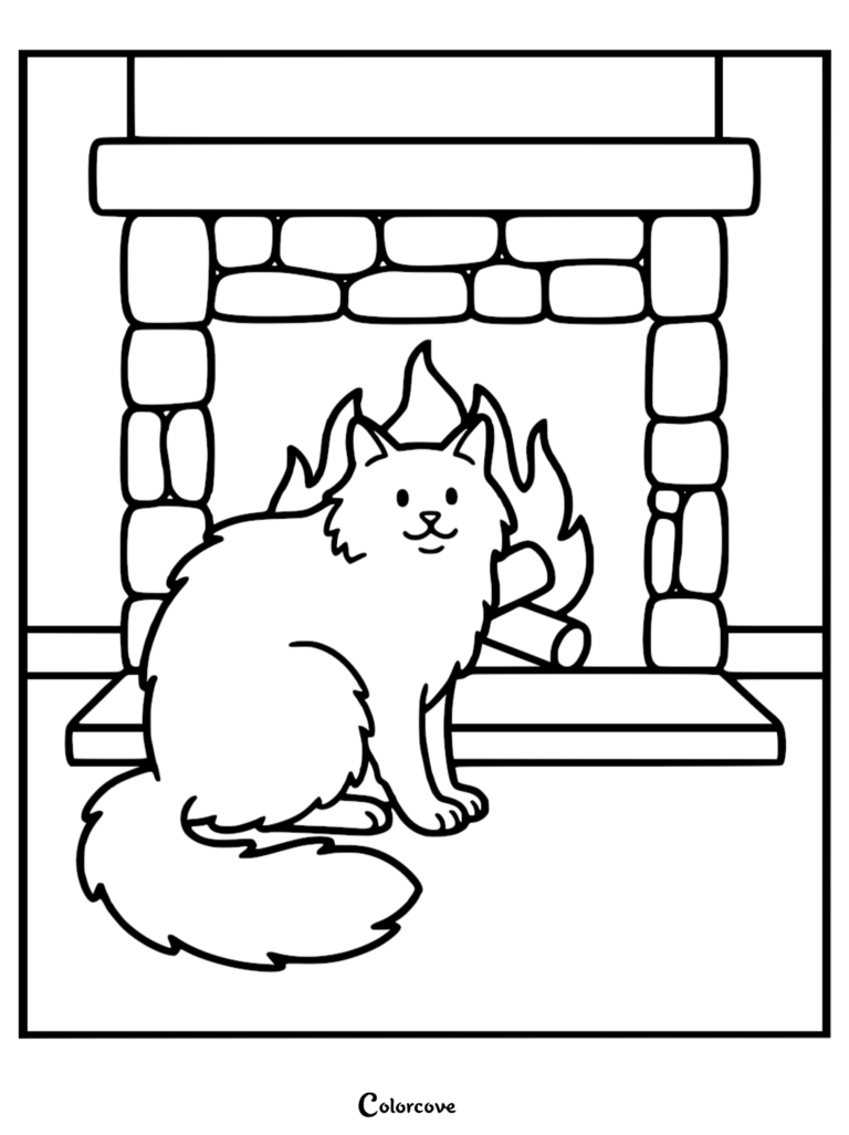 A Maine Coon sitting in front of a stone fireplace on a printable coloring page.