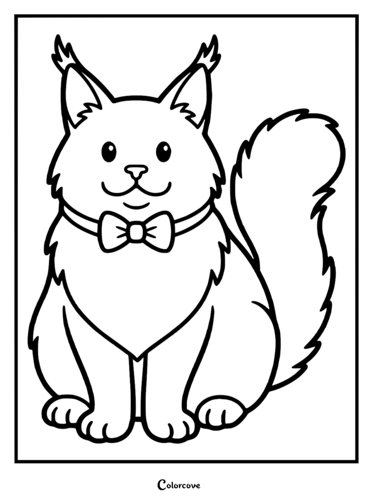 A printable Maine Coon coloring page featuring a fluffy cat with tufted ears wearing a bow tie.