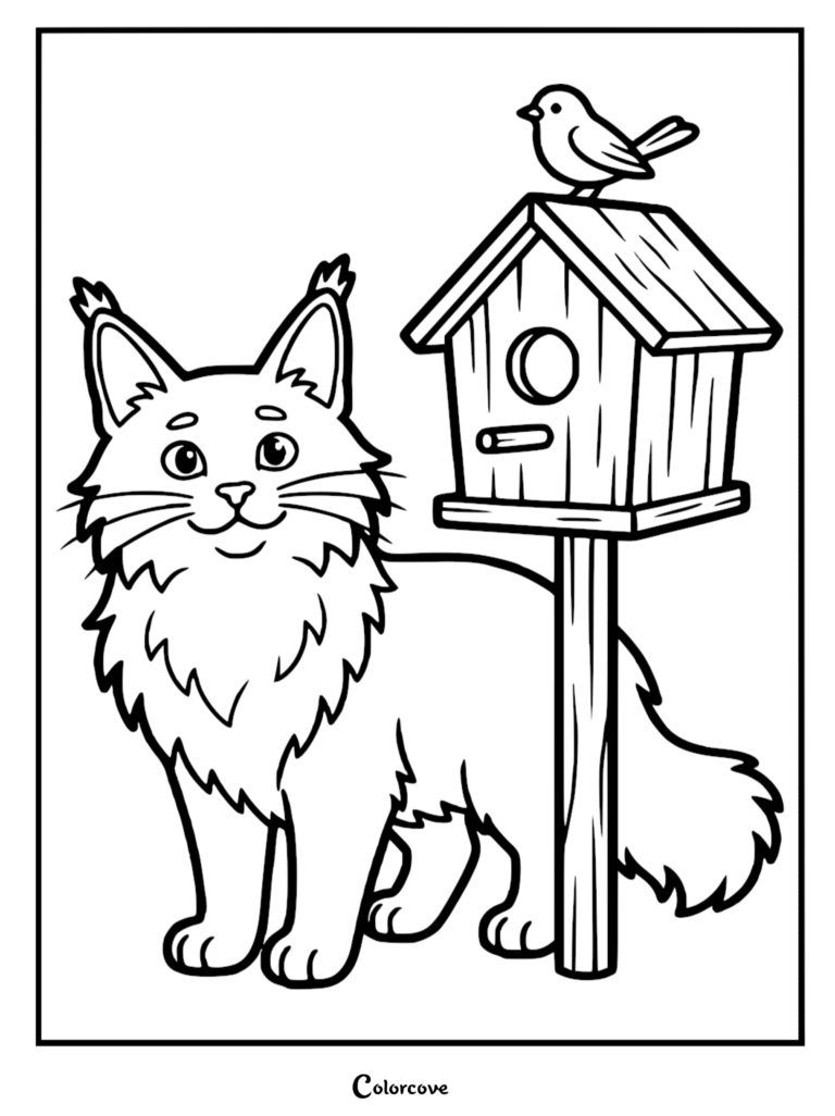 A Maine Coon standing next to a wooden birdhouse with a small bird perched on top in this printable coloring page.