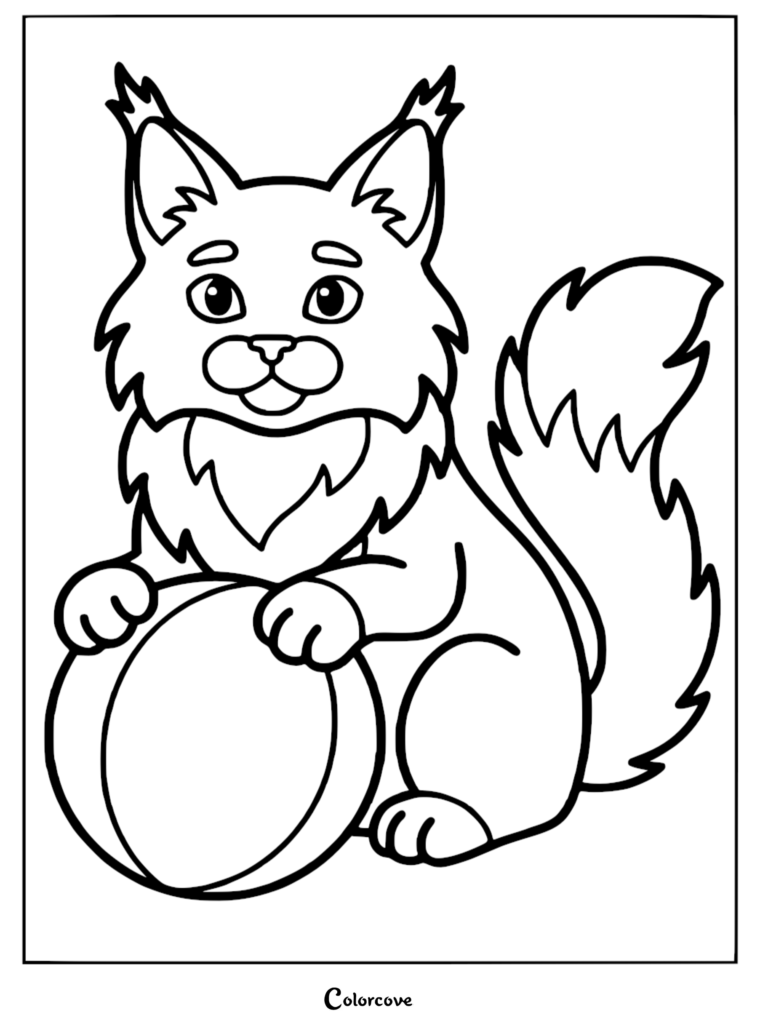 A cute Maine Coon kitten with tufted ears sitting and holding a ball in this free printable coloring page.