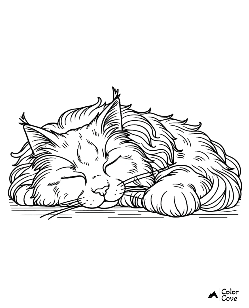 Sleeping cat coloring page with intricate fur details, perfect for kids and adults. Download and print for free.