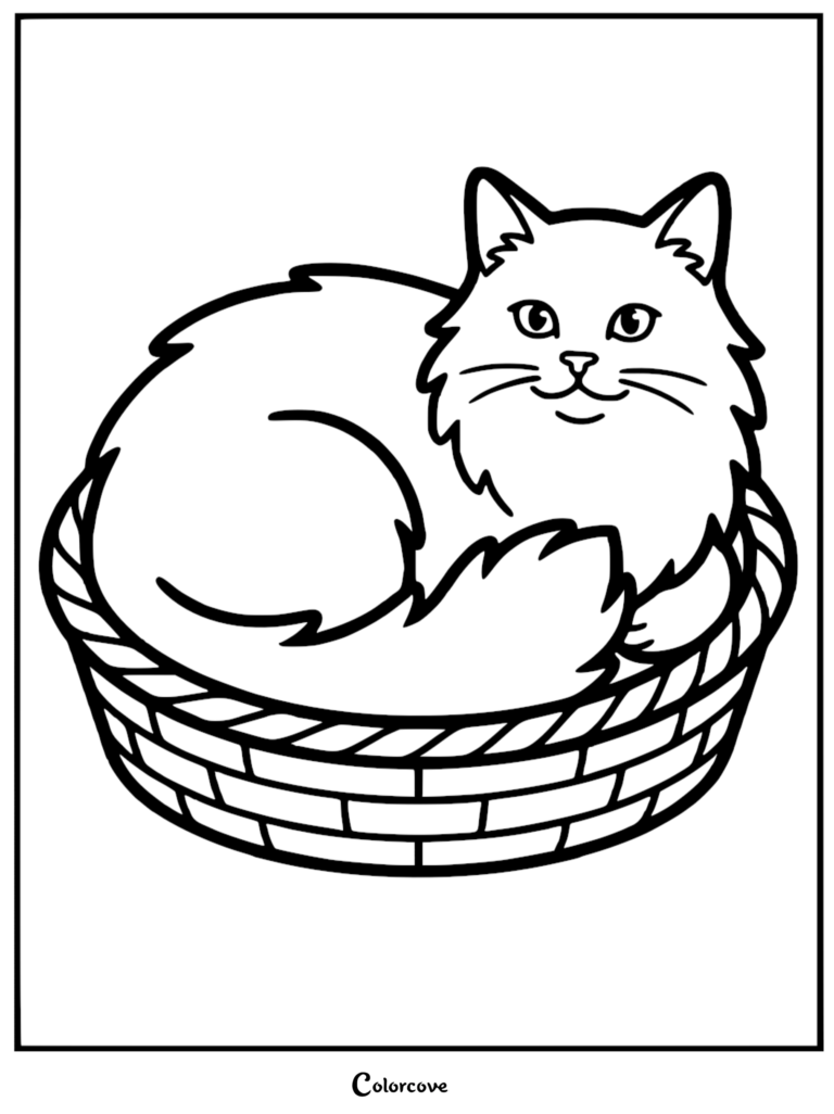 A fluffy Maine Coon cat curled up inside a woven basket, printable coloring page.