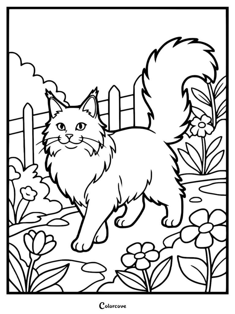 A fluffy Maine Coon walking through a garden with flowers and a picket fence in this printable coloring page.