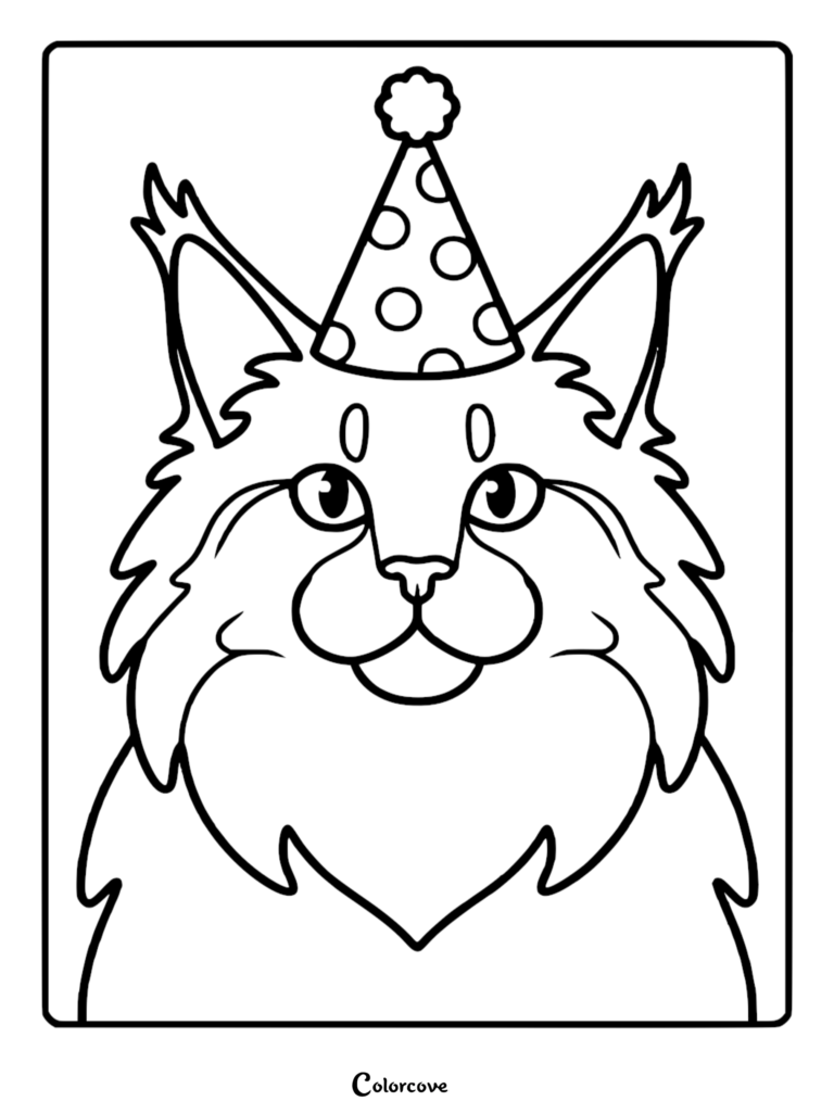 A printable Maine Coon coloring page featuring a fluffy cat wearing a polka dot party hat.
