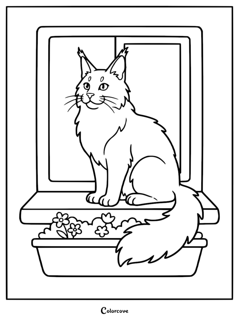 A Maine Coon cat sitting on a window sill with a flower box in this printable coloring page.