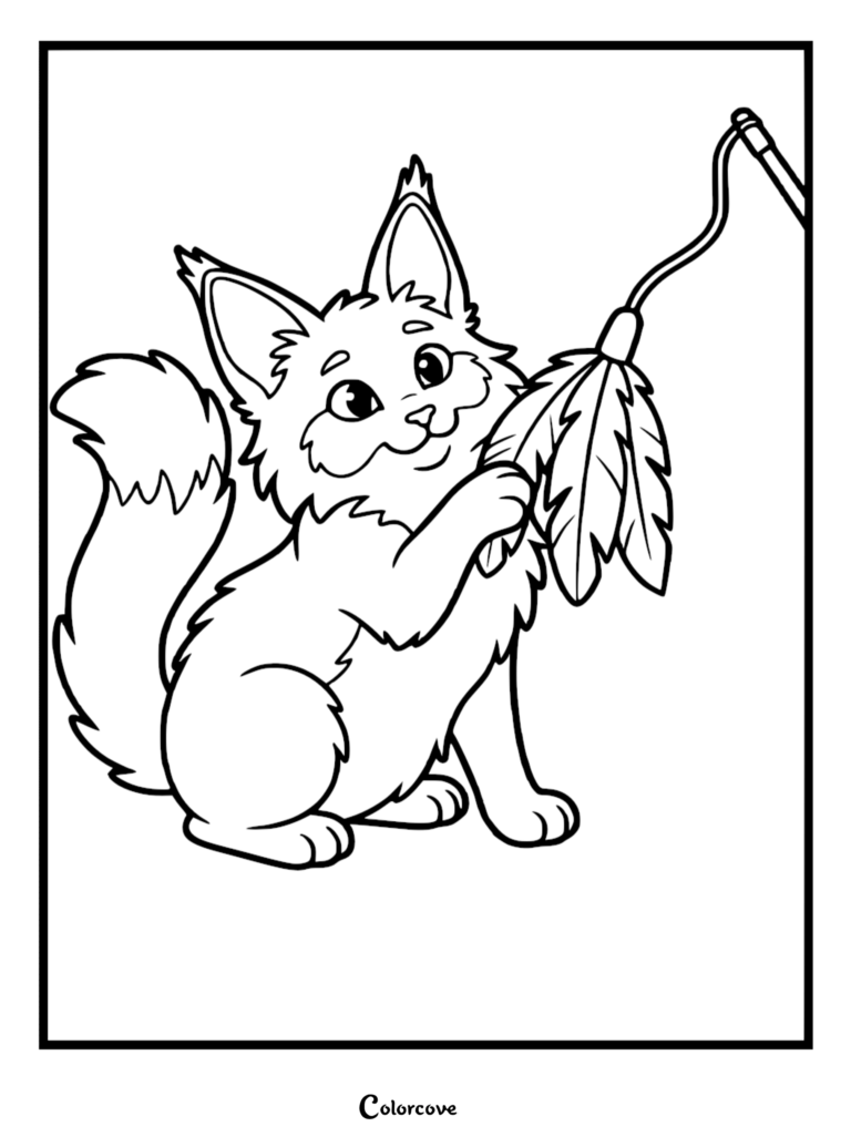 A cute Maine Coon kitten playing with a feather wand toy in this printable coloring page.