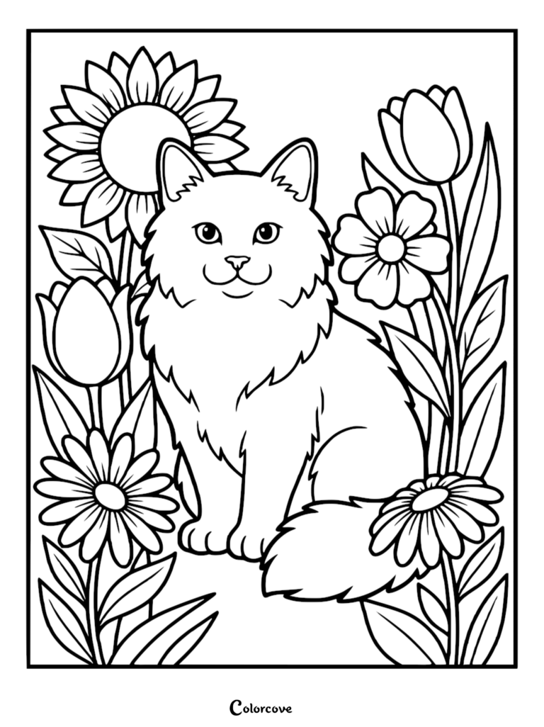 A Maine Coon cat sitting among sunflowers and tulips in this free printable coloring page.