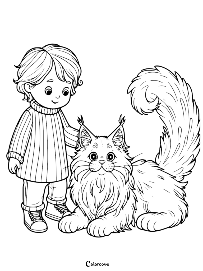 A young boy in a sweater petting a fluffy Maine Coon cat in this free printable coloring page.