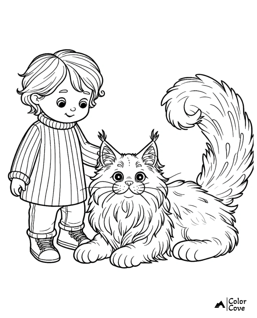 Child and fluffy cat coloring page by Color Cove, perfect for kids' creativity with cute animal and friend illustration.