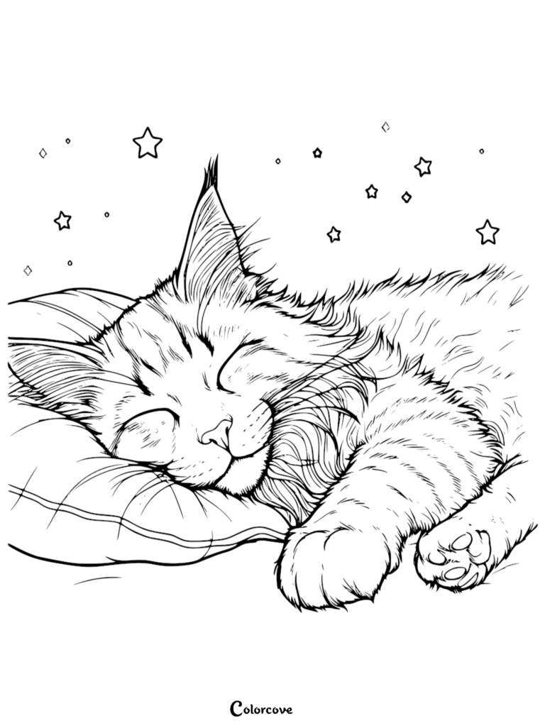 A Maine Coon cat sleeping peacefully on a pillow under a starry sky in this free printable coloring page.
