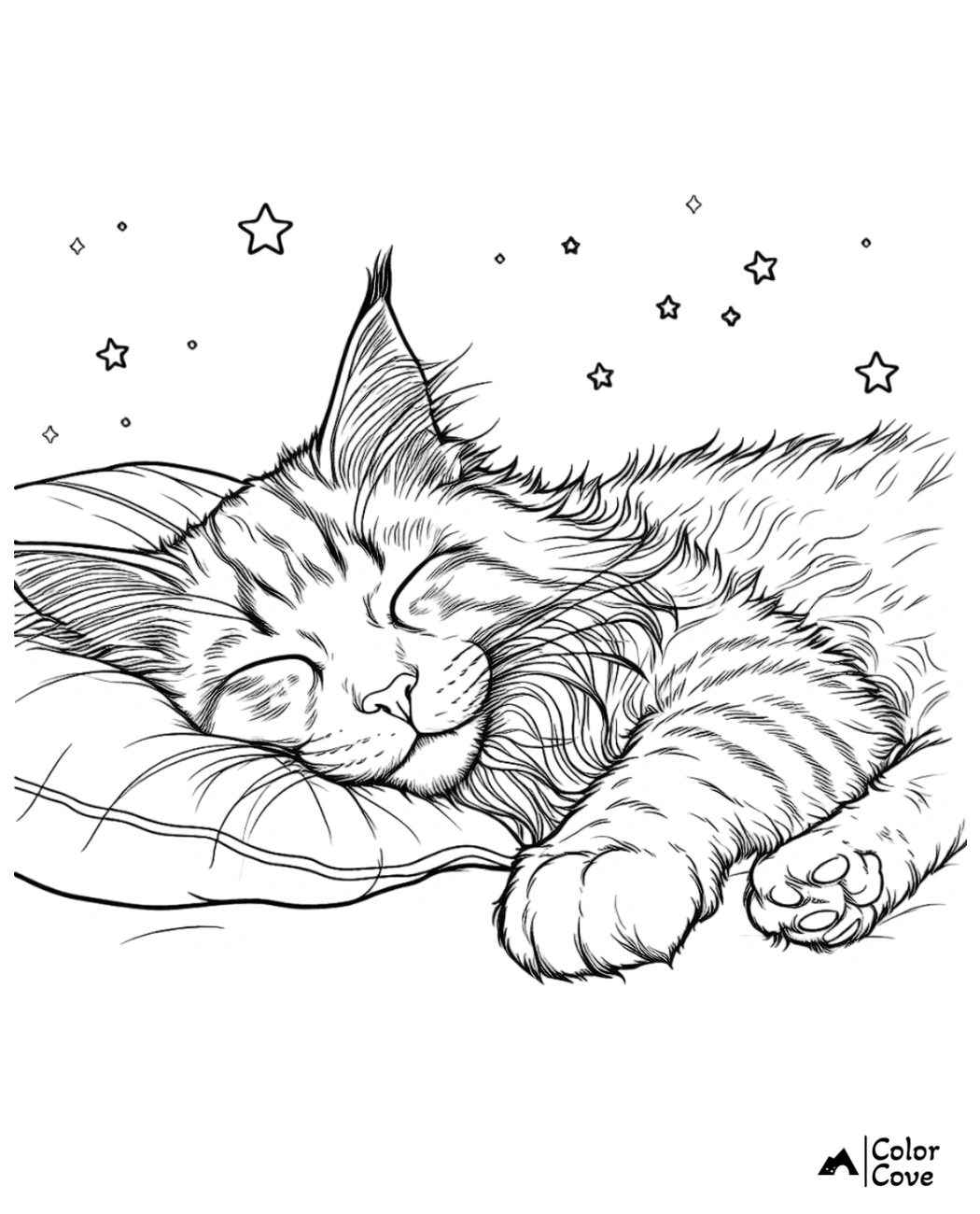 Cat coloring page of a cute kitten sleeping peacefully on a pillow with stars in the background.