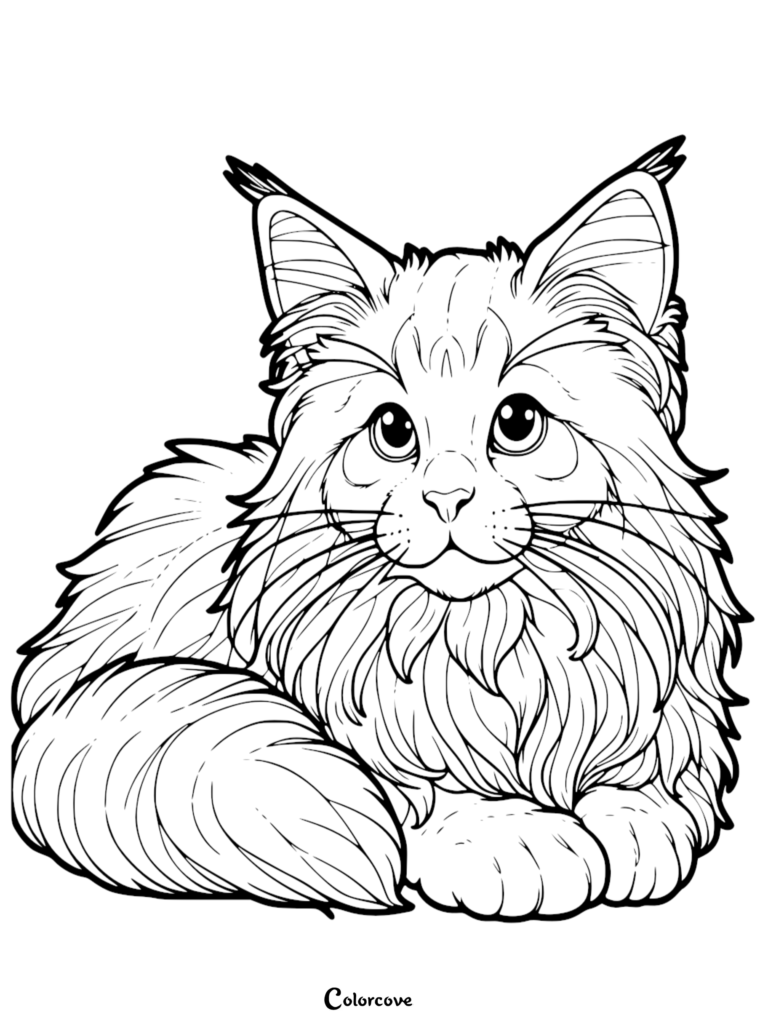 A detailed Maine Coon coloring page featuring a fluffy cat with large tufted ears sitting and looking forward.