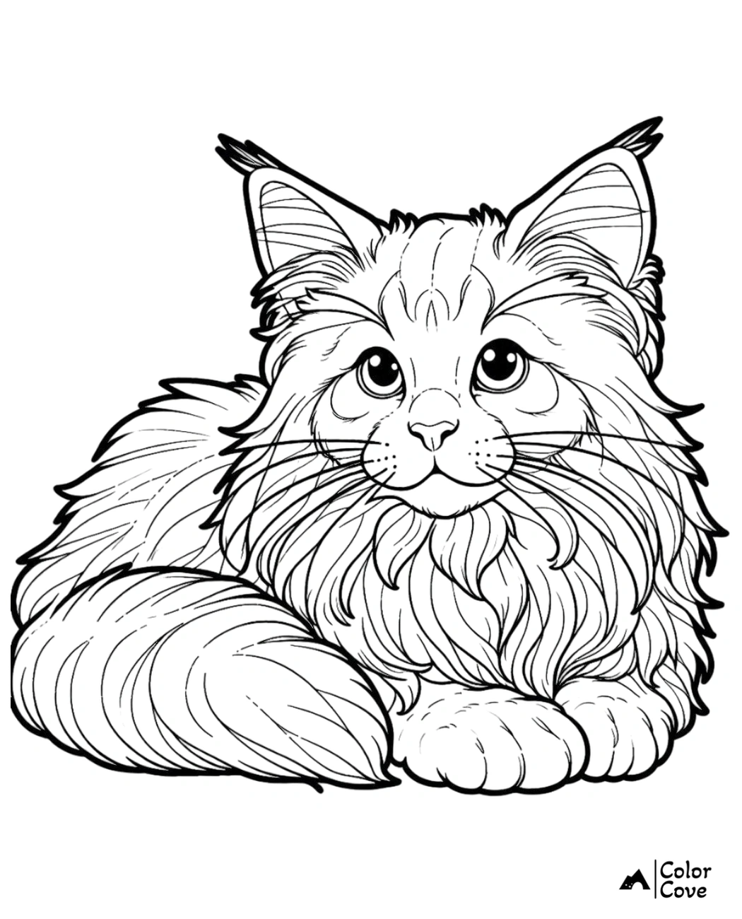 Cat coloring page: detailed illustration of a long-haired kitten lying down, perfect for kids and adults to color.