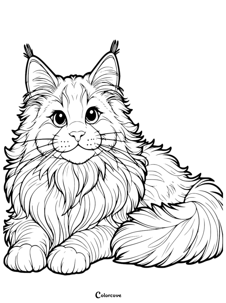 A detailed Maine Coon coloring page featuring a fluffy cat with tufted ears sitting in a resting pose.